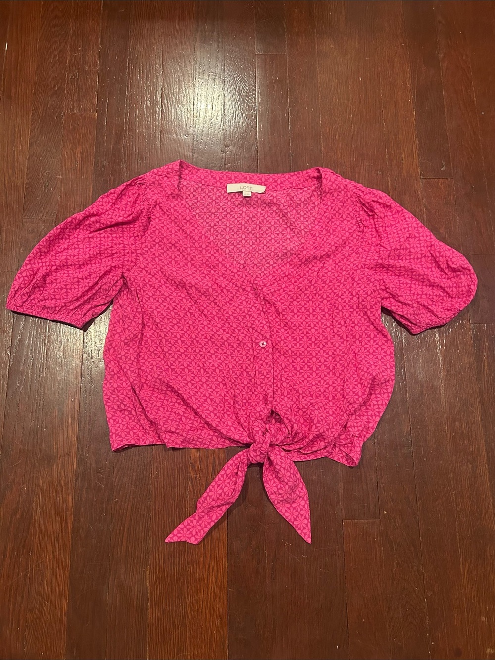 LOFT Hot Pink Tie-Front Short Sleeve Blouse